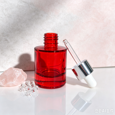 Red Transparent Glass Dropper Bottle, Thick Base Cosmetic Serum Oil Packaging Bottle with White Rubber Dropper